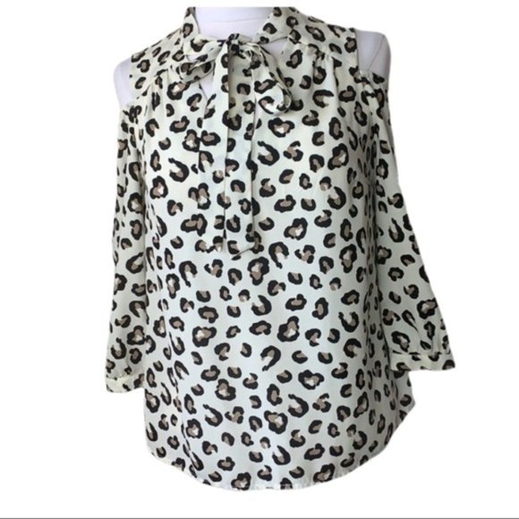 Monteau Leopard Print Cold Shoulder Blouse with Draped Bow Neckline – Size Small - Picture 1 of 7